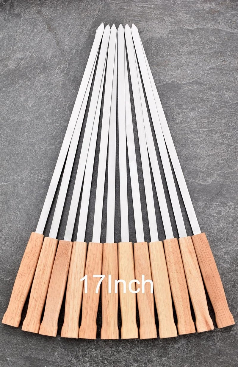 HONSHEN 17-Inch 12 Pack Long Flat BBQ Skewers, Brazilian-style Stainless Steel 3/8 Inch Wide Blade with hardwood Handle barbecue skewers for Grilling Meat,Chicken,Shrimp,Vegetables-Set of 12 - Image 1